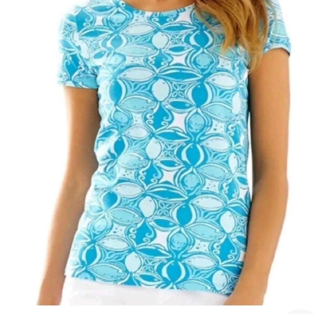 Lilly Pulitzer Karrie Top Short Sleeve T-Shirt Ariel Blue What A Racquet SizeM